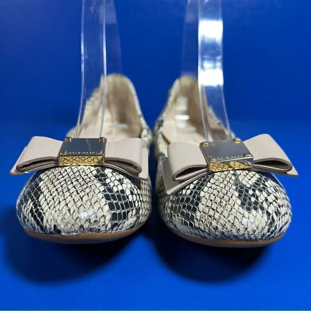 Cole Haan Tali Bow Snake Print Leather Ballet Flats Natural Roccia Womens‎ 6B
